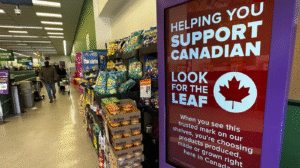 Canadian grocery store promoting locally made products as U.S. duties raise costs for retailers.