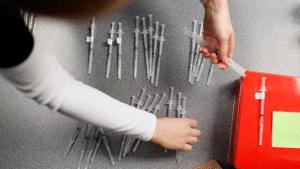 A health worker organizes multiple syringes on a table, preparing doses of the RSV shot