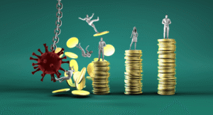 A giant RSV virus swings like a wrecking ball, knocking people off stacks of coins, illustrating the financial impact of RSV.